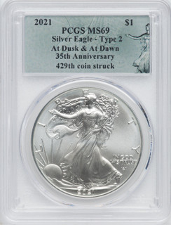 2021 American Silver Eagle Type 2 At Dusk & Dawn 35th Anniversary 429th PCGS MS69