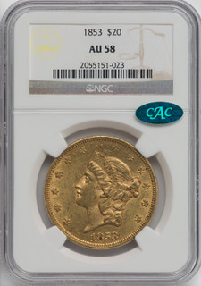 1853 $20 CAC Liberty Double Eagle NGC AU58 1853 $20 CAC Liberty Double Eagle NGC AU58