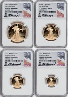 2022 W Gold Eagle 4-Coin Set FDI NGC PF70 Ultra Cameo Ron Harrigal Signed