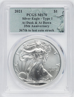 2021 American Silver Eagle Type 1 At Dusk & Dawn 35th Anniversary 367th PCGS MS70