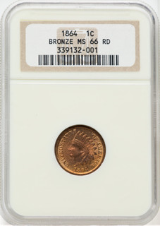 1864 Bronze No L RD Indian Cent NGC MS66