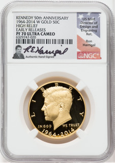 2014 Kennedy 50th Anniversary Gold High Relief ER Half Dollar NGC PF70 Ron Harrigal Signed