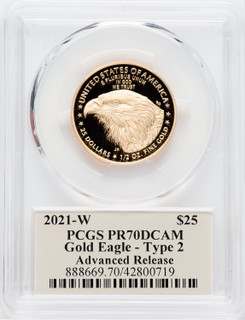 2021-W G$25 Half Ounce Gold Eagle Type Two Advanced Release Cleveland Art Deco PCGS PR70