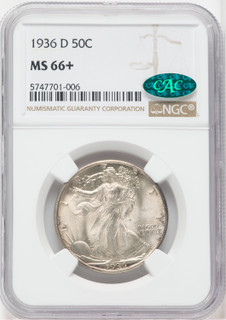 1936-D 50C CAC NGC Plus Walking Liberty Half Dollar NGC MS66+