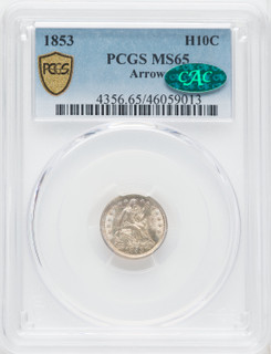 1853 H10C ARROWS Seated Half Dime PCGS MS65 CAC