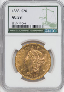 1858 $20 Liberty Double Eagle NGC AU58