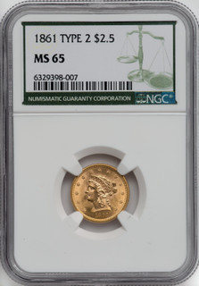 1861 $2.50 New Reverse Type 2 Liberty Quarter Eagle NGC MS65
