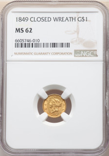 1849 G$1 Closed Wreath Gold Dollar NGC MS62