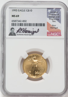 1993 $10 American Gold Eagle NGC MS69 Ron Harrigal Signed