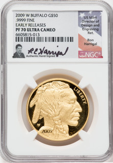 2009-W $50 Gold Buffalo .9999 NGC PF70 UCAM Ron Harrigal Signed