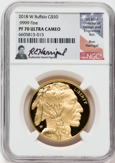 2018-W $50 Gold Buffalo .9999 NGC PF70 UCAM Ron Harrigal Signed