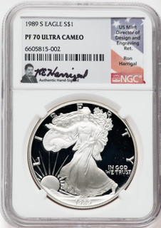 1989-S American Silver Eagle NGC PF70 Ultra Cameo Ron Harrigal Signed