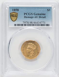 1858 $3 Genuine Three Dollar Gold Pieces Genuine PCGS AU50