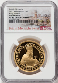 Elizabeth II gold Proof  King James I  100 Pounds (1 oz) 2022 PR70 Ultra Cameo NGC World Coins NGC MS70