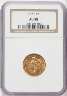 1878 $3 Three Dollar Gold Pieces NGC AU58