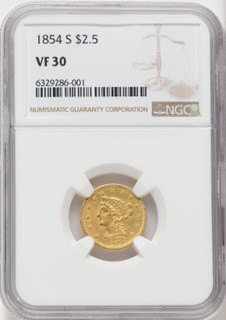 1854-S $2.50 Liberty Quarter Eagle NGC VF30