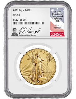 2023 $50 One Ounce Gold Eagle NGC MS70 Ron Harrigal Signed