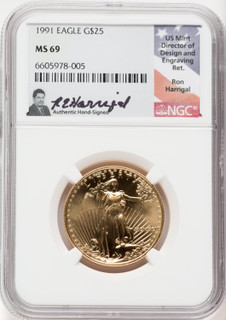 1991 $25 American Gold Eagle NGC MS69 Ron Harrigal Signed