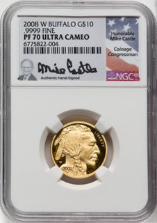 2008-W $10 Quarter-Ounce Gold Buffalo NGC PF70 Mike Castle Signed