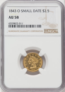 1843-O $2.50 Small Date Crosslet 4 Liberty Quarter Eagle NGC AU58