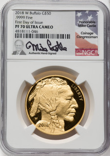 2018-W $50 One-Ounce Gold Buffalo FDI NGC PF70 Mike Castle Signed