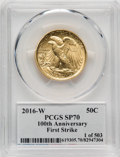 2016-W 50C Walking Liberty Half-Ounce Gold First Strike Moy Signature 1 of 503 PCGS SP70