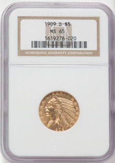 1909-D $5 Indian Half Eagle NGC MS65