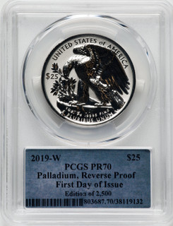 2019-W $25 Palladium Reverse Proof First Day of Issue Thomas Cleveland Shield PCGS PR70