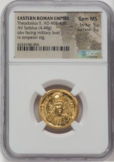 Roman Imperial Theodosius II (AD 402-450). AV Solidus Ancients NGC MS65