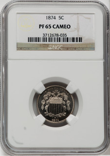 1874 5C CA Proof Shield Nickel NGC PR65
