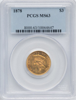 1878 $3 Three Dollar Gold Pieces PCGS MS63