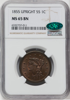 1855 1C BN CAC Large Cent NGC MS65