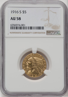 1916-S $5 Indian Half Eagle NGC AU58