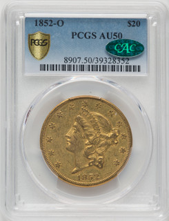 1852-O $20 CAC Liberty Double Eagle PCGS AU50