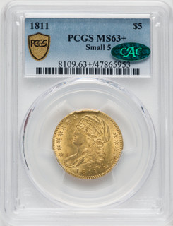 1811 $5 Small 5 CAC Early Half Eagle PCGS MS63+