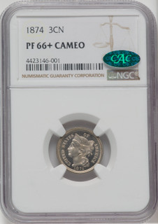 1874 3CN CA CAC Proof Three Cent Nickel NGC PR66+
