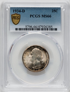 1934-D 25C Medium Motto Washington Quarter PCGS MS66