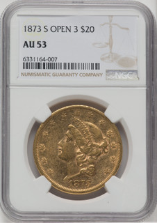 1873-S $20 OPEN 3 Liberty Double Eagle NGC AU53