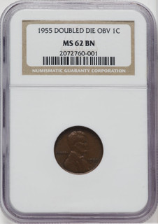 1955 Doubled Die Obverse BN Lincoln Cent NGC MS62