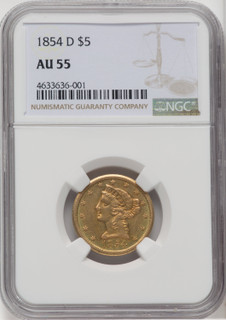1854-D $5 Large D Liberty Half Eagle NGC AU55