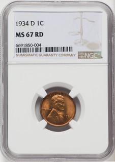 1934-D 1C RD Lincoln Cent NGC MS67 1934-D 1C RD Lincoln Cent NGC MS67