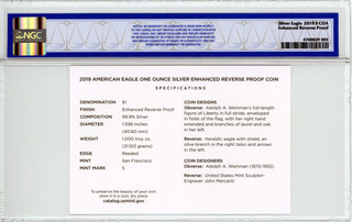 2019-S Enhanced Reverse Proof Silver Eagle Trolly Label First Releases NGC PF70 W/COA