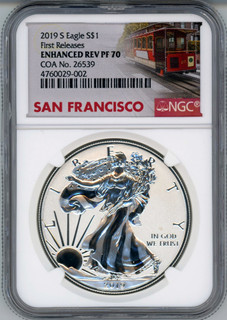 2019-S Enhanced Reverse Proof Silver Eagle First Releases NGC PF70  W/COA