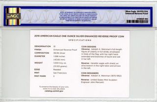 2019-S Enhanced Reverse Proof Silver Eagle First Releases NGC PF70  W/COA