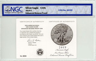 2019-S Enhanced Reverse Proof Silver Eagle First Releases NGC PF70  W/COA