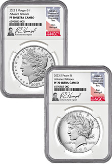 2023-S Morgan Peace Dollar 2-Coin Set Advanced Releases NGC PF70 Harrigal