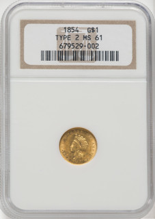 1854 G$1 Type Two Gold Dollar NGC MS61