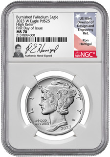 2023-W Palladium Burnished Eagle High Relief FDI NGC MS70 Ron Harrigal Signed