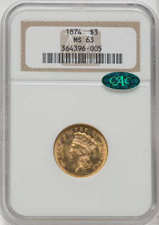 1874 $3 CAC Three Dollar Gold Pieces NGC MS63