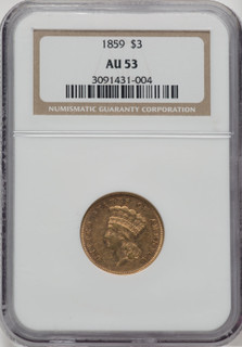 1859 $3 Three Dollar Gold Pieces NGC AU53